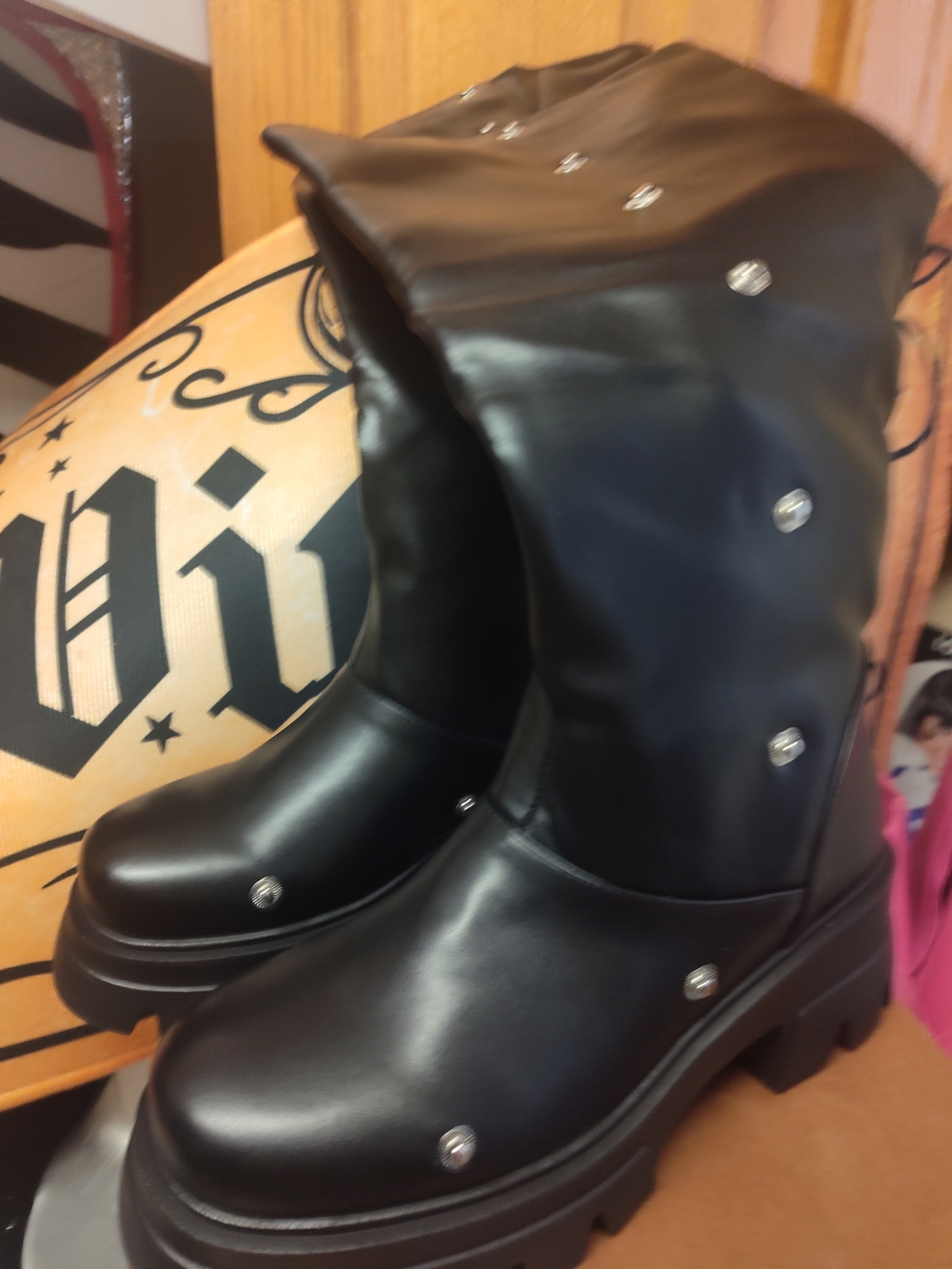 Women's Black Stud-Embellished Mid-Calf Heeled Boots